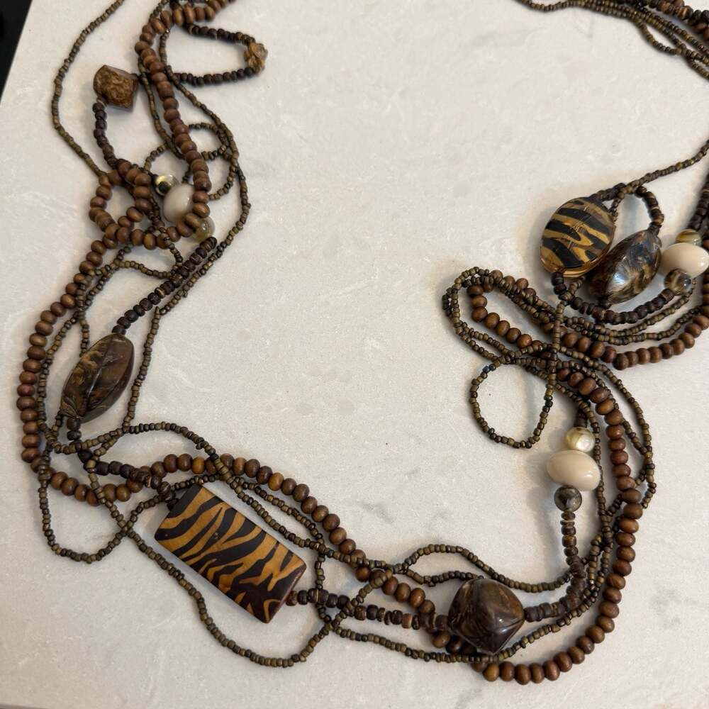 Multi-Strand Beaded Necklace with Tiger Eye and Wood Beads - Picture 2 of 3